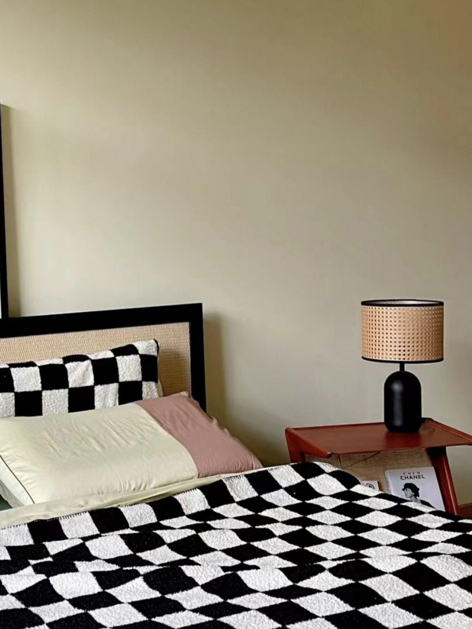 Modern Bamboo Table Lamp with Black Geometric Trim for Bedroom and Office Lighting