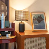 Modern Bamboo Table Lamp with Black Geometric Trim for Bedroom and Office Lighting