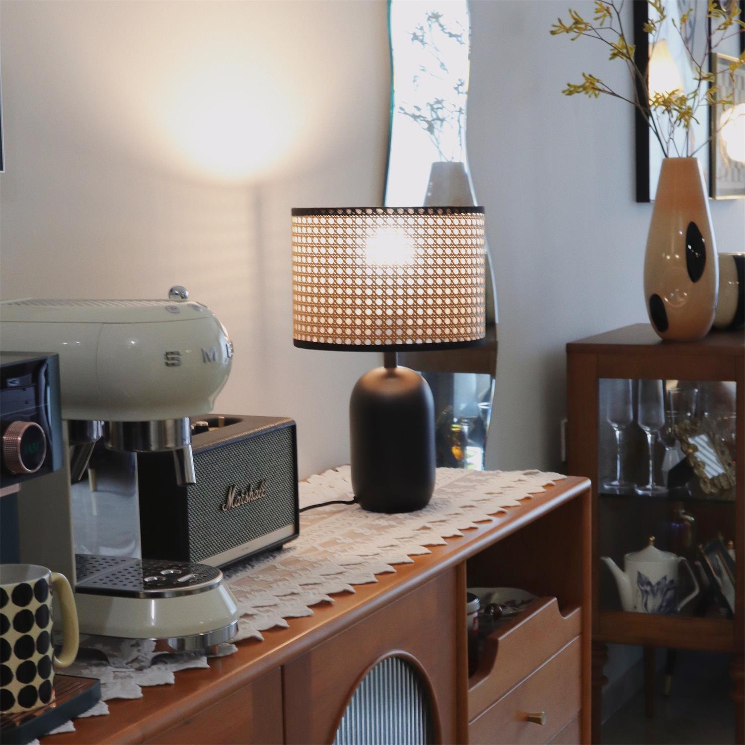 Modern Bamboo Table Lamp with Black Geometric Trim for Bedroom and Office Lighting
