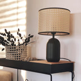 Modern Bamboo Table Lamp with Black Geometric Trim for Bedroom and Office Lighting