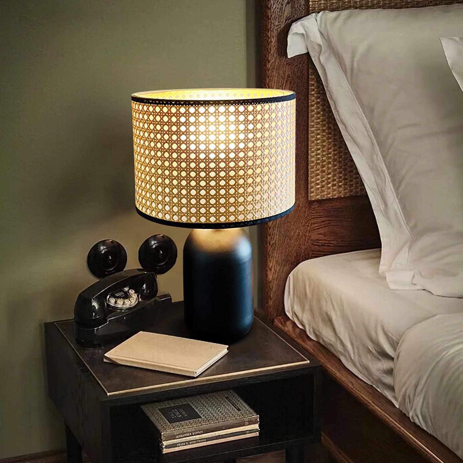 Modern Bamboo Table Lamp with Black Geometric Trim for Bedroom and Office Lighting