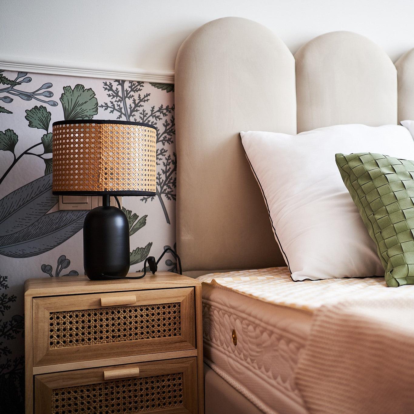 Modern Bamboo Table Lamp with Black Geometric Trim for Bedroom and Office Lighting