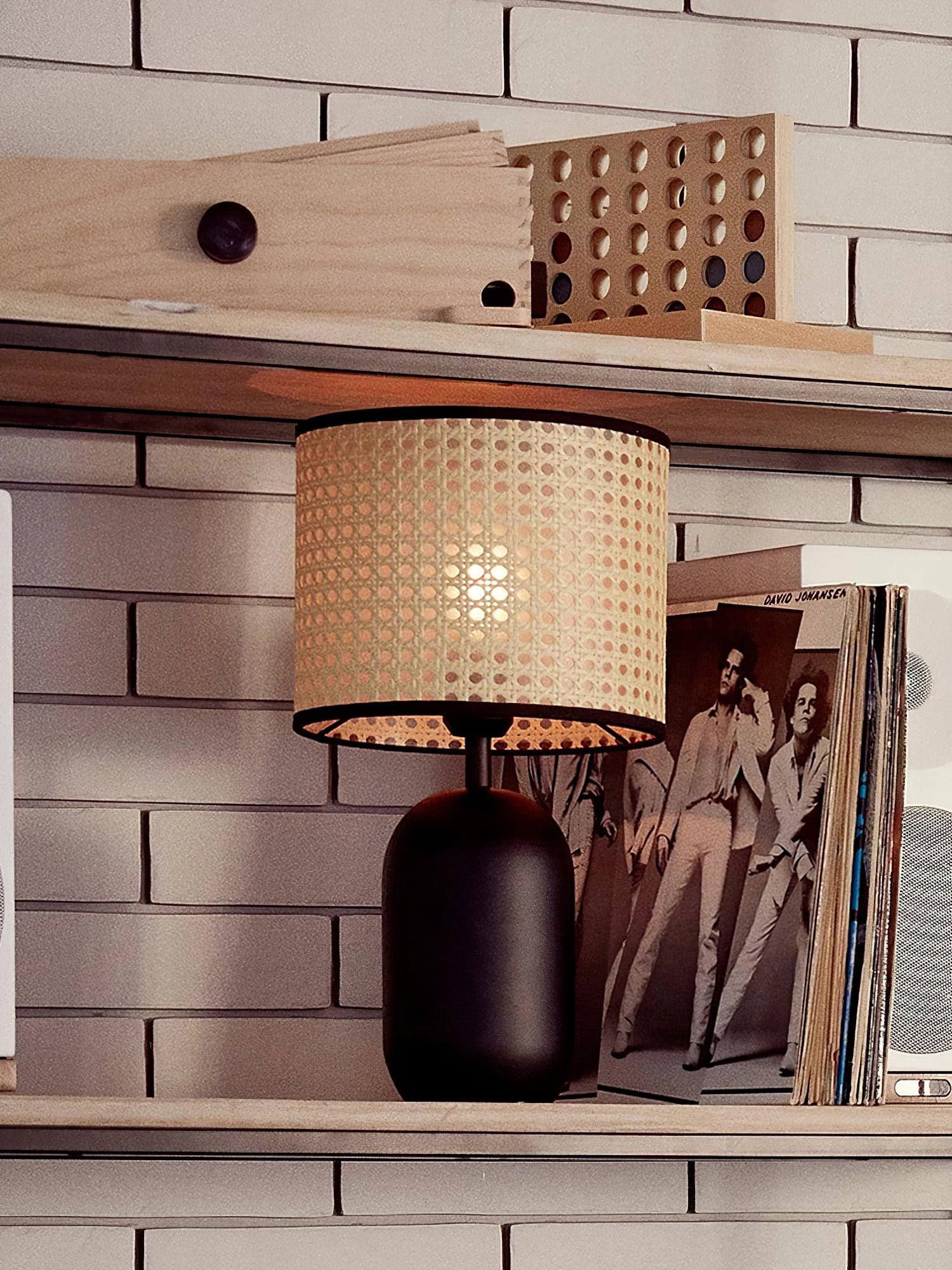 Modern Bamboo Table Lamp with Black Geometric Trim for Bedroom and Office Lighting