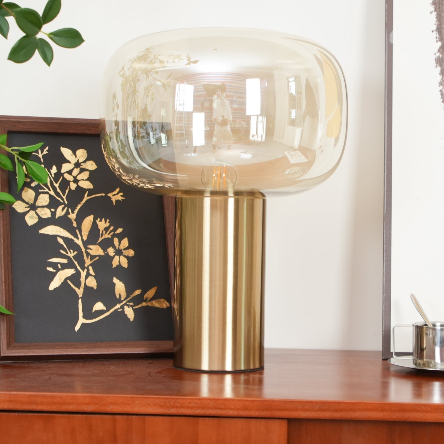 Modern Mushroom Glass Table Lamp with Gold Metal Base and Smoked Glass Shade