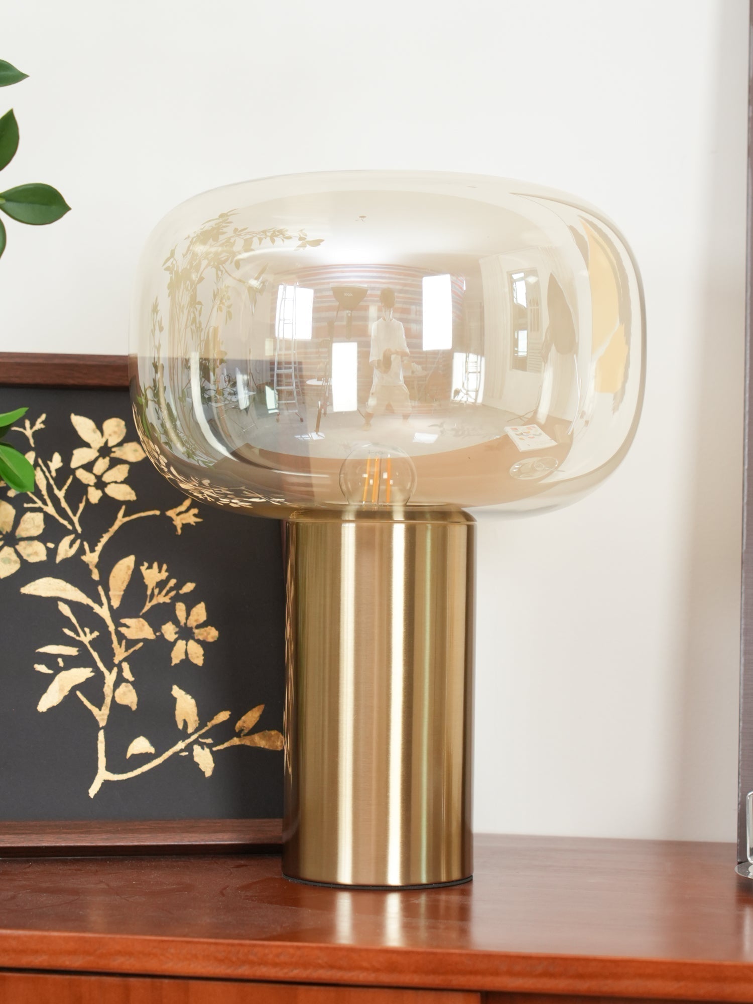 Modern Mushroom Glass Table Lamp with Gold Metal Base and Smoked Glass Shade