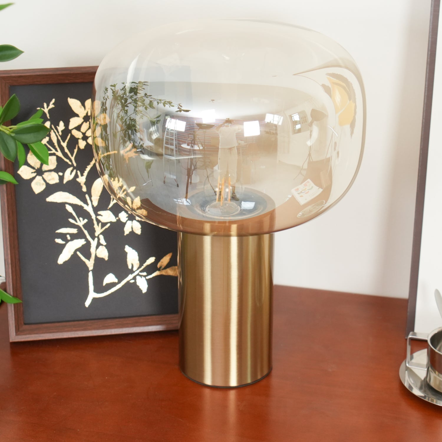 Modern Mushroom Glass Table Lamp with Gold Metal Base and Smoked Glass Shade