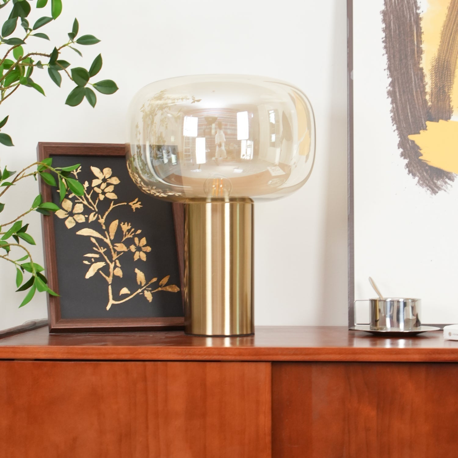Modern Mushroom Glass Table Lamp with Gold Metal Base and Smoked Glass Shade
