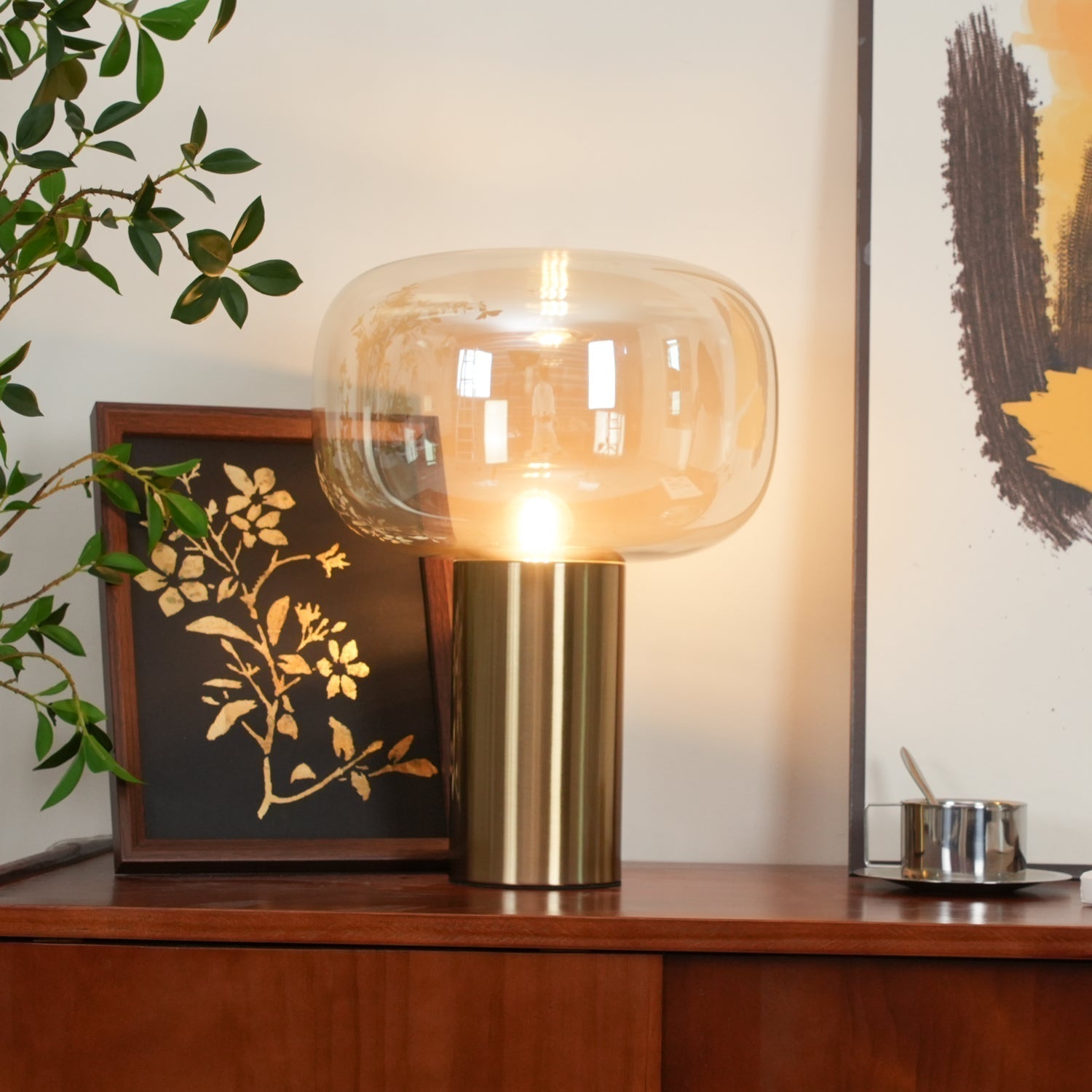 Modern Mushroom Glass Table Lamp with Gold Metal Base and Smoked Glass Shade