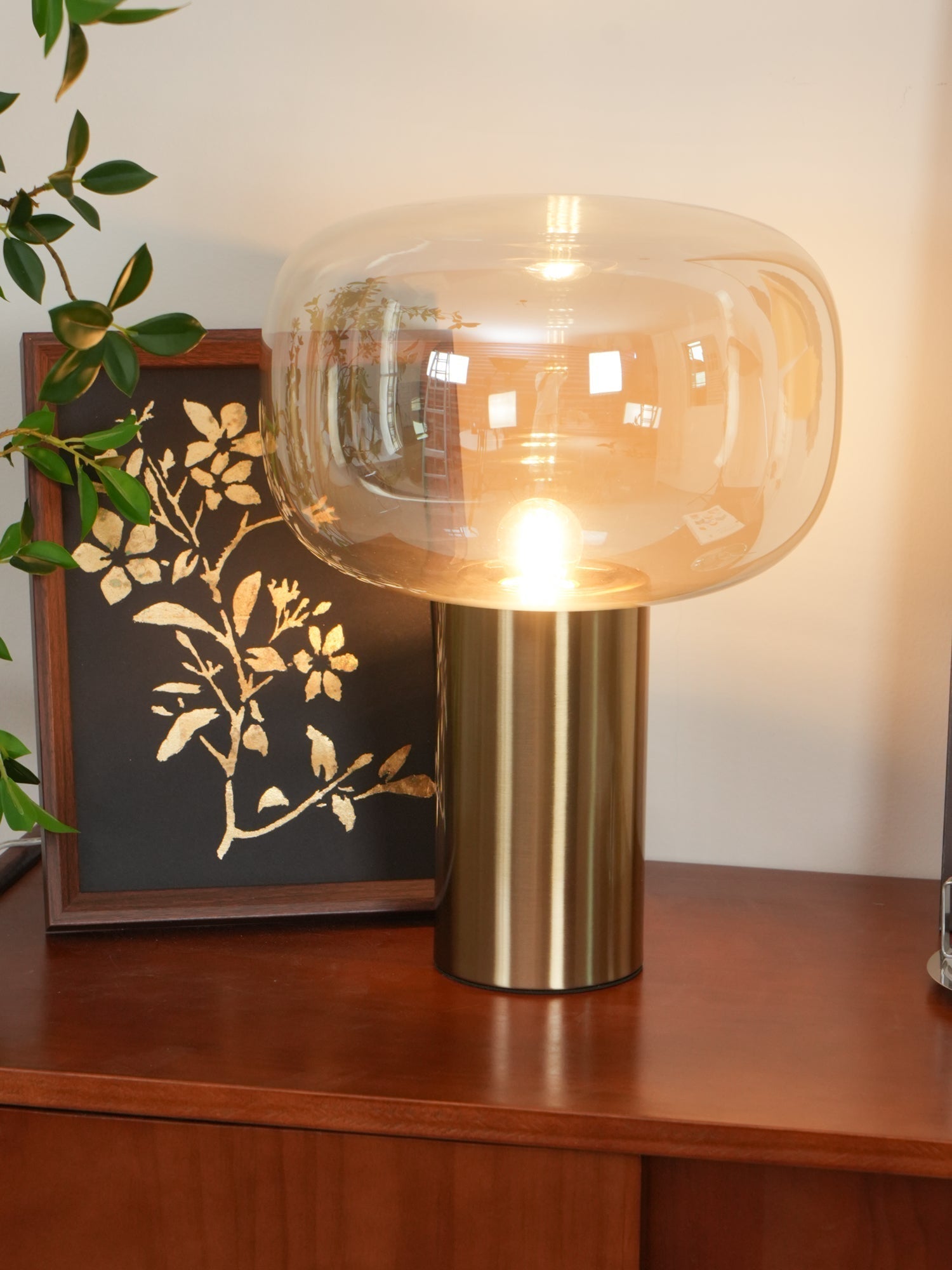 Modern Mushroom Glass Table Lamp with Gold Metal Base and Smoked Glass Shade