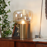 Modern Mushroom Glass Table Lamp with Gold Metal Base and Smoked Glass Shade