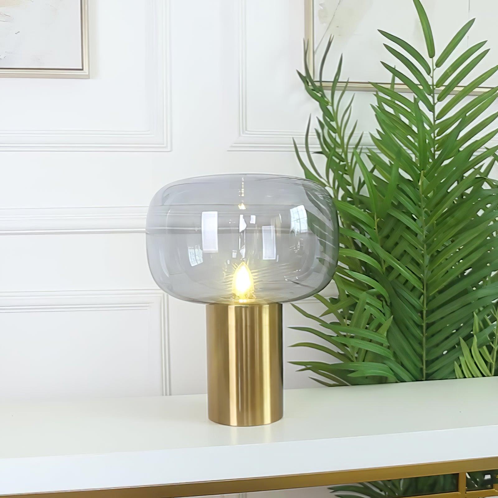 Modern Mushroom Glass Table Lamp with Gold Metal Base and Smoked Glass Shade