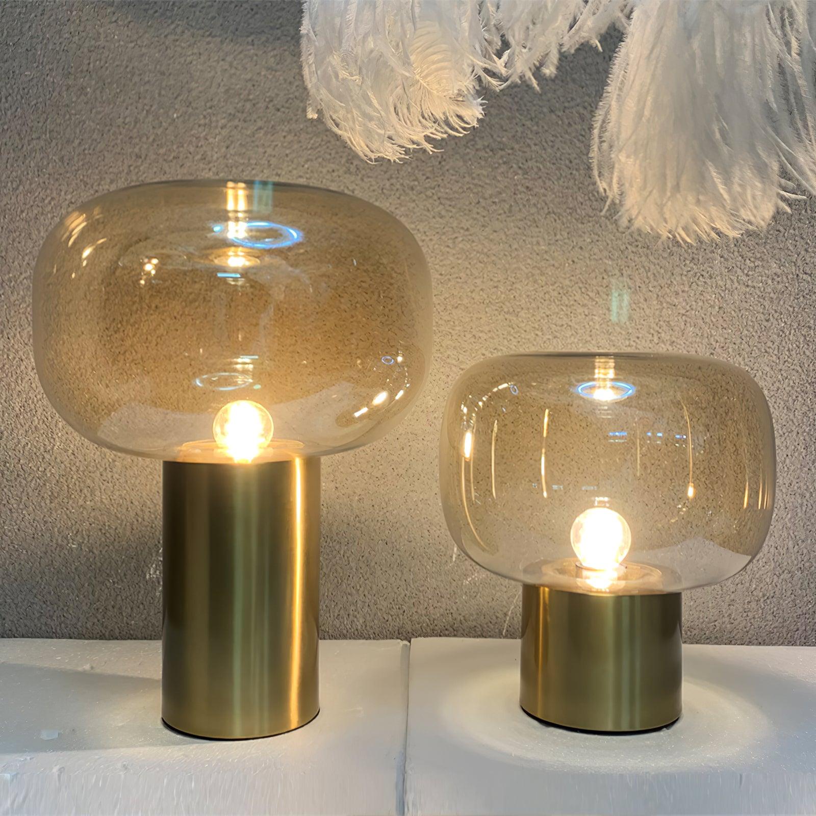 Modern Mushroom Glass Table Lamp with Gold Metal Base and Smoked Glass Shade