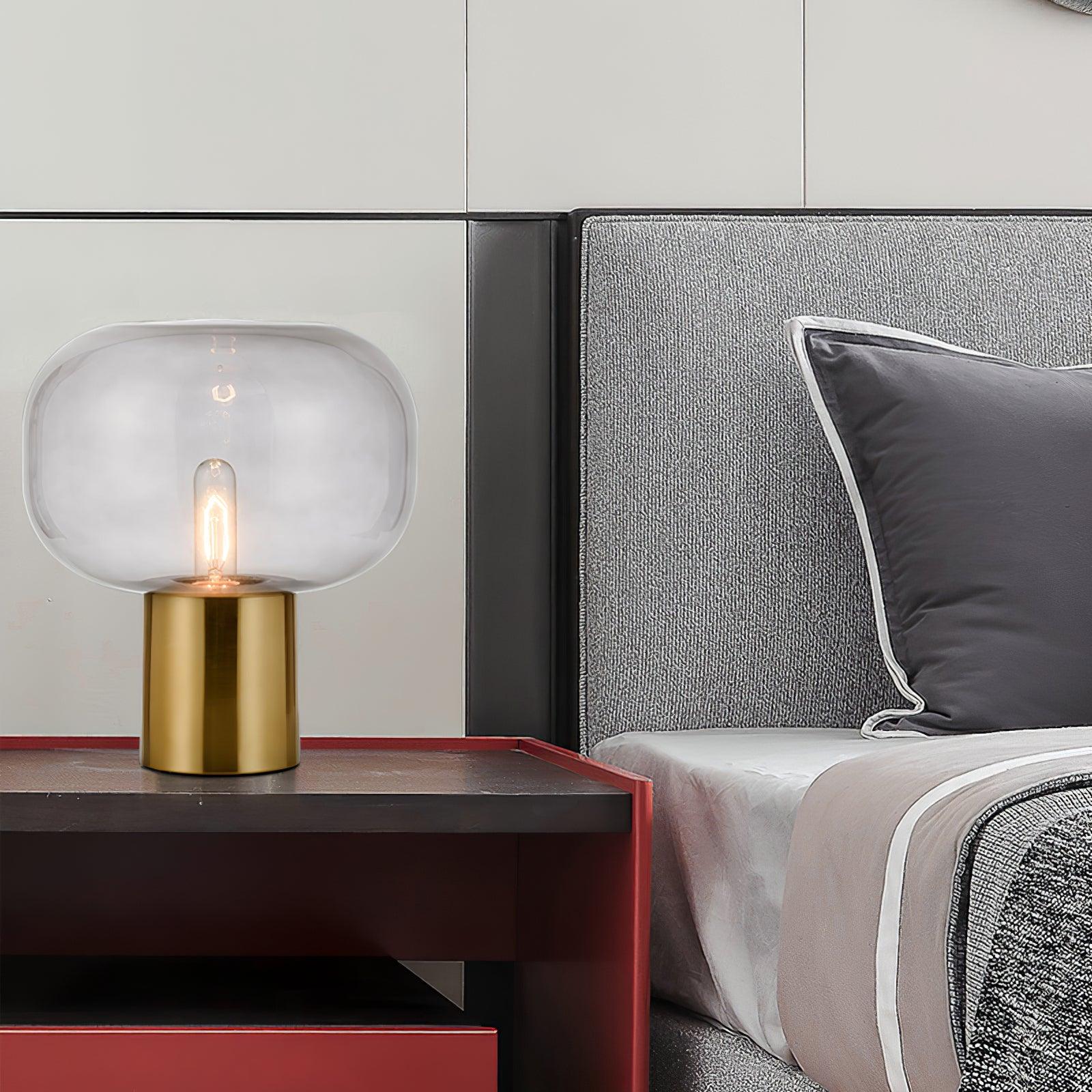 Modern Mushroom Glass Table Lamp with Gold Metal Base and Smoked Glass Shade