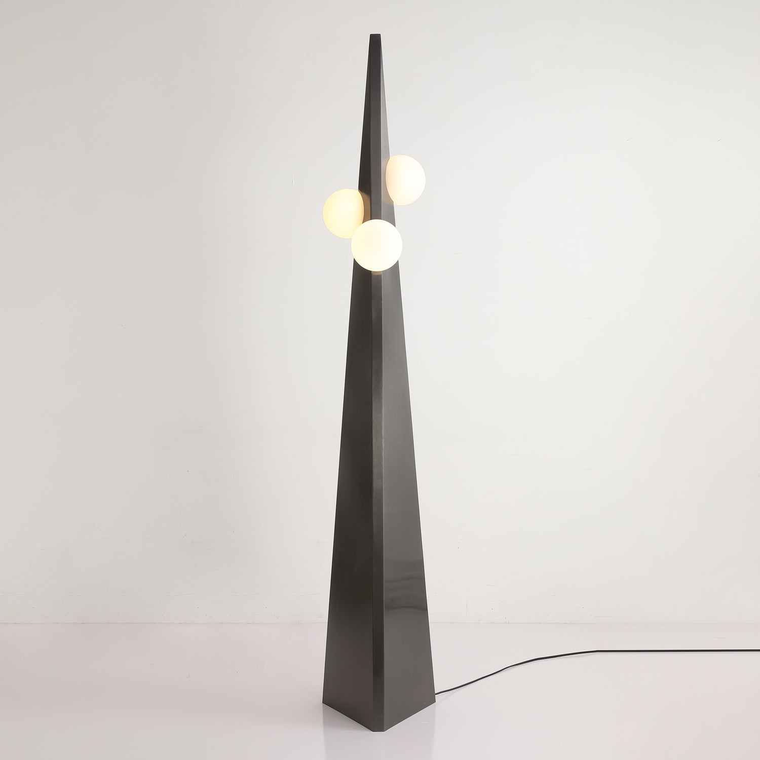 Geometric Stainless Steel Floor Lamp with Spherical Glass Shade in Black Finish