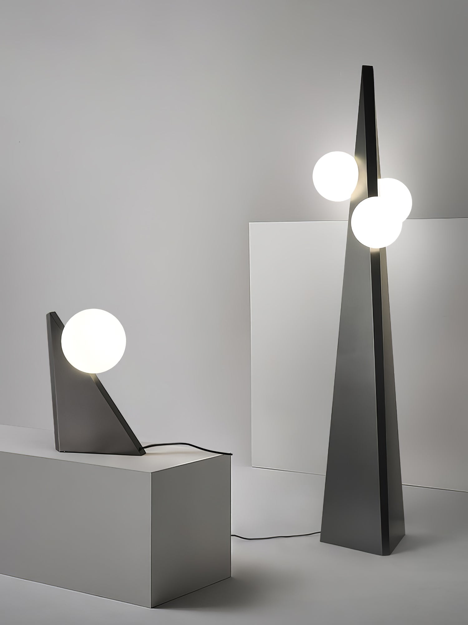 Geometric Stainless Steel Floor Lamp with Spherical Glass Shade in Black Finish
