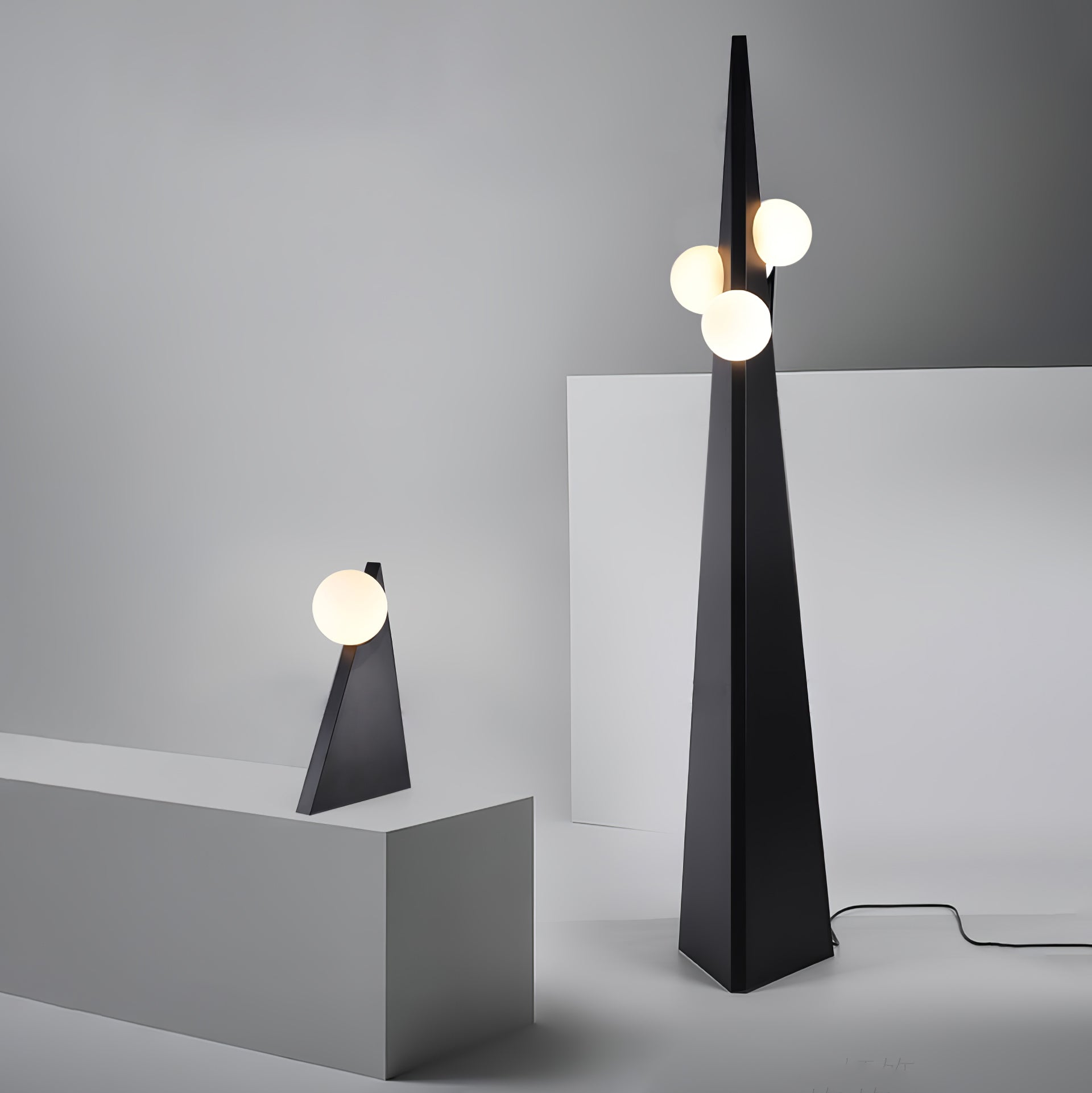 Geometric Stainless Steel Floor Lamp with Spherical Glass Shade in Black Finish