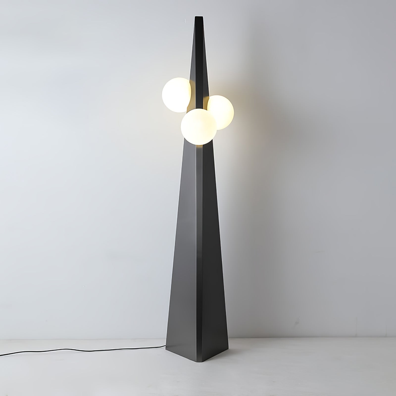 Geometric Stainless Steel Floor Lamp with Spherical Glass Shade in Black Finish