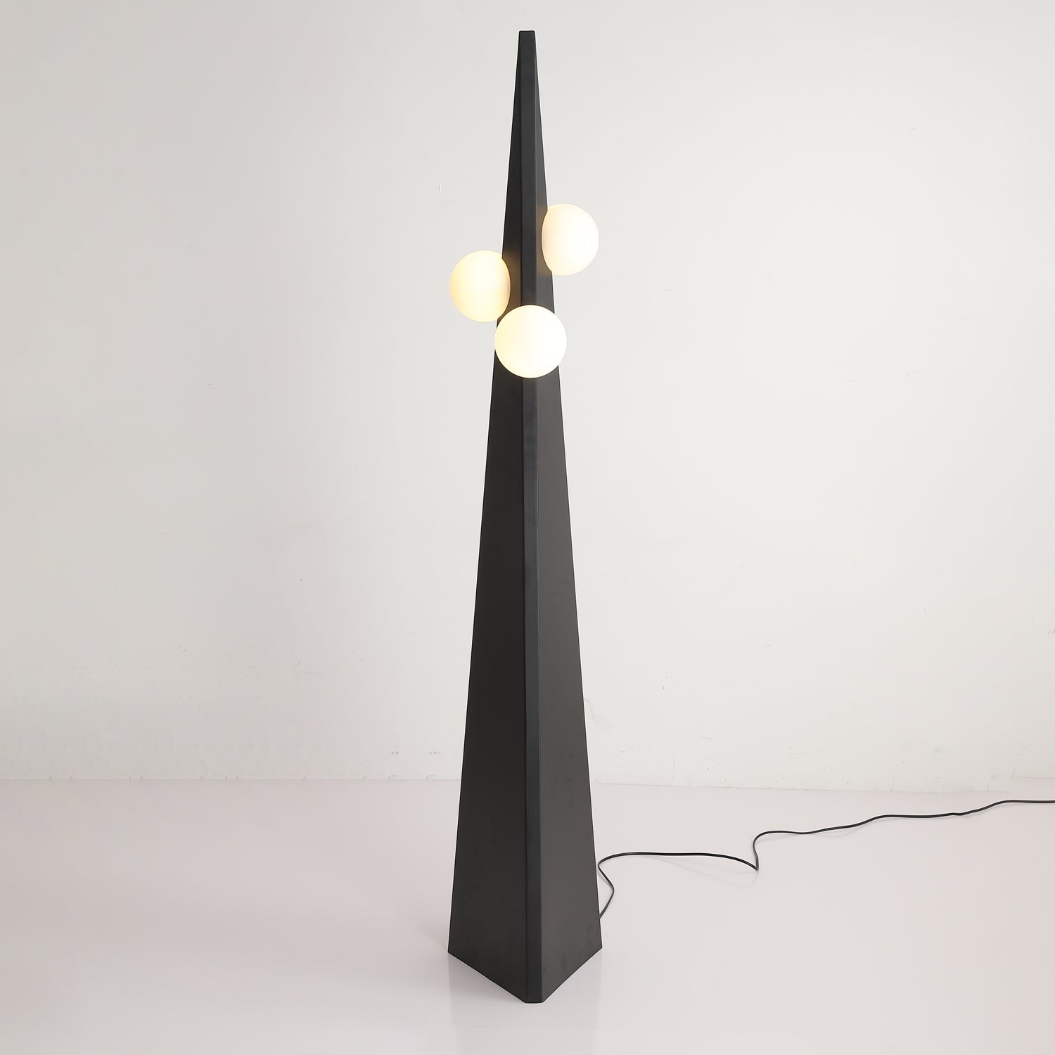 Geometric Stainless Steel Floor Lamp with Spherical Glass Shade in Black Finish
