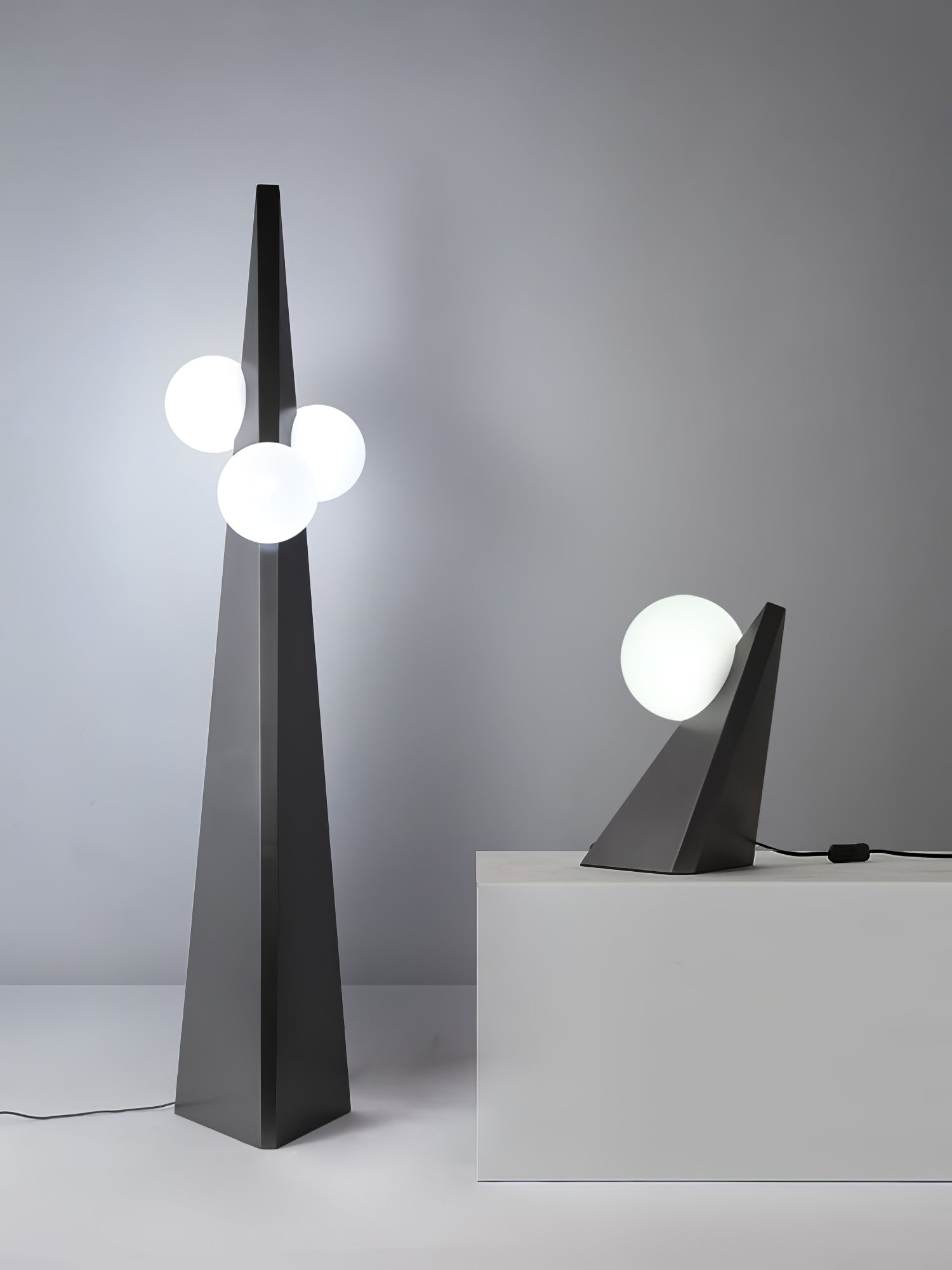 Geometric Stainless Steel Floor Lamp with Spherical Glass Shade in Black Finish