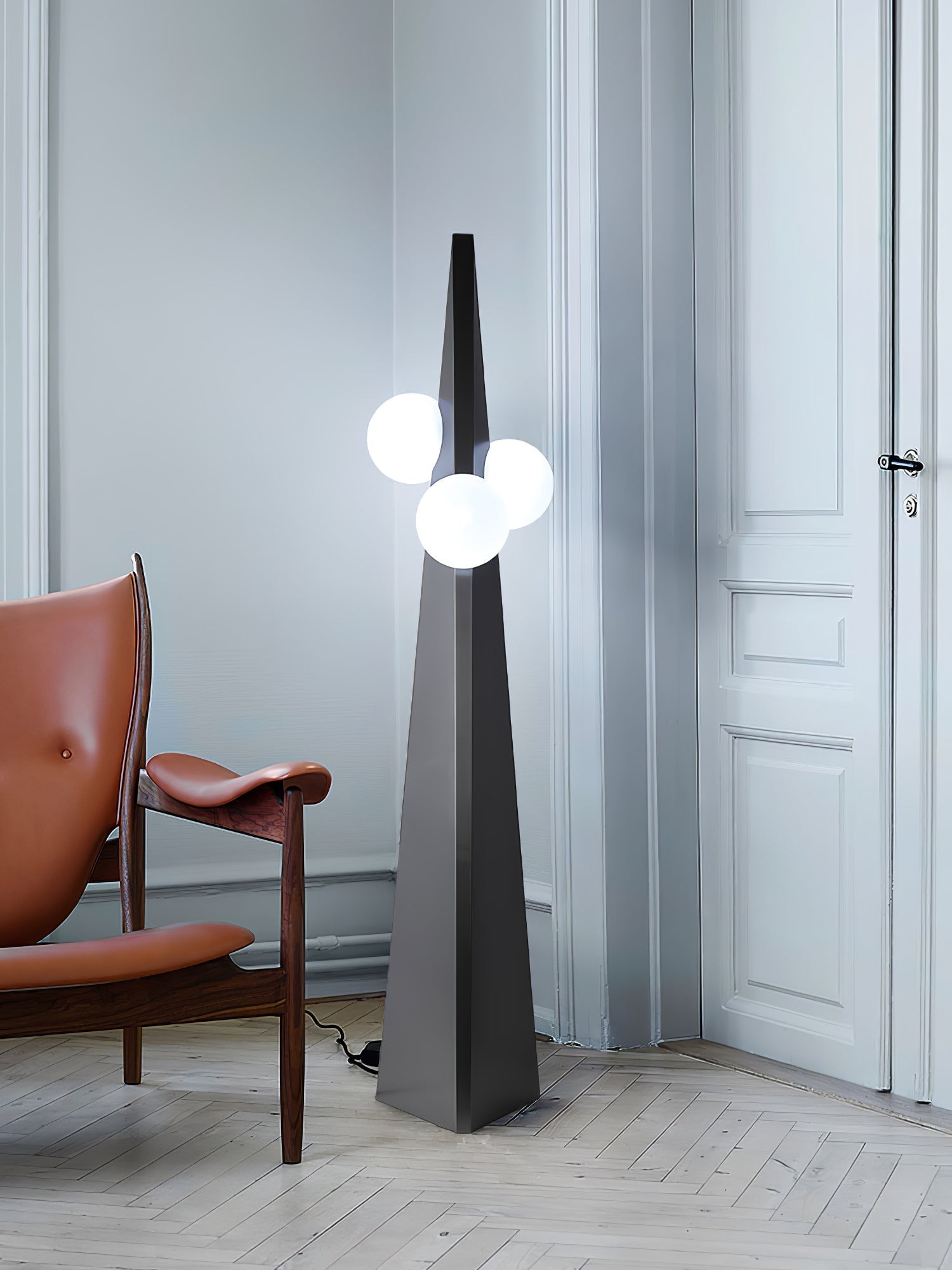 Geometric Stainless Steel Floor Lamp with Spherical Glass Shade in Black Finish