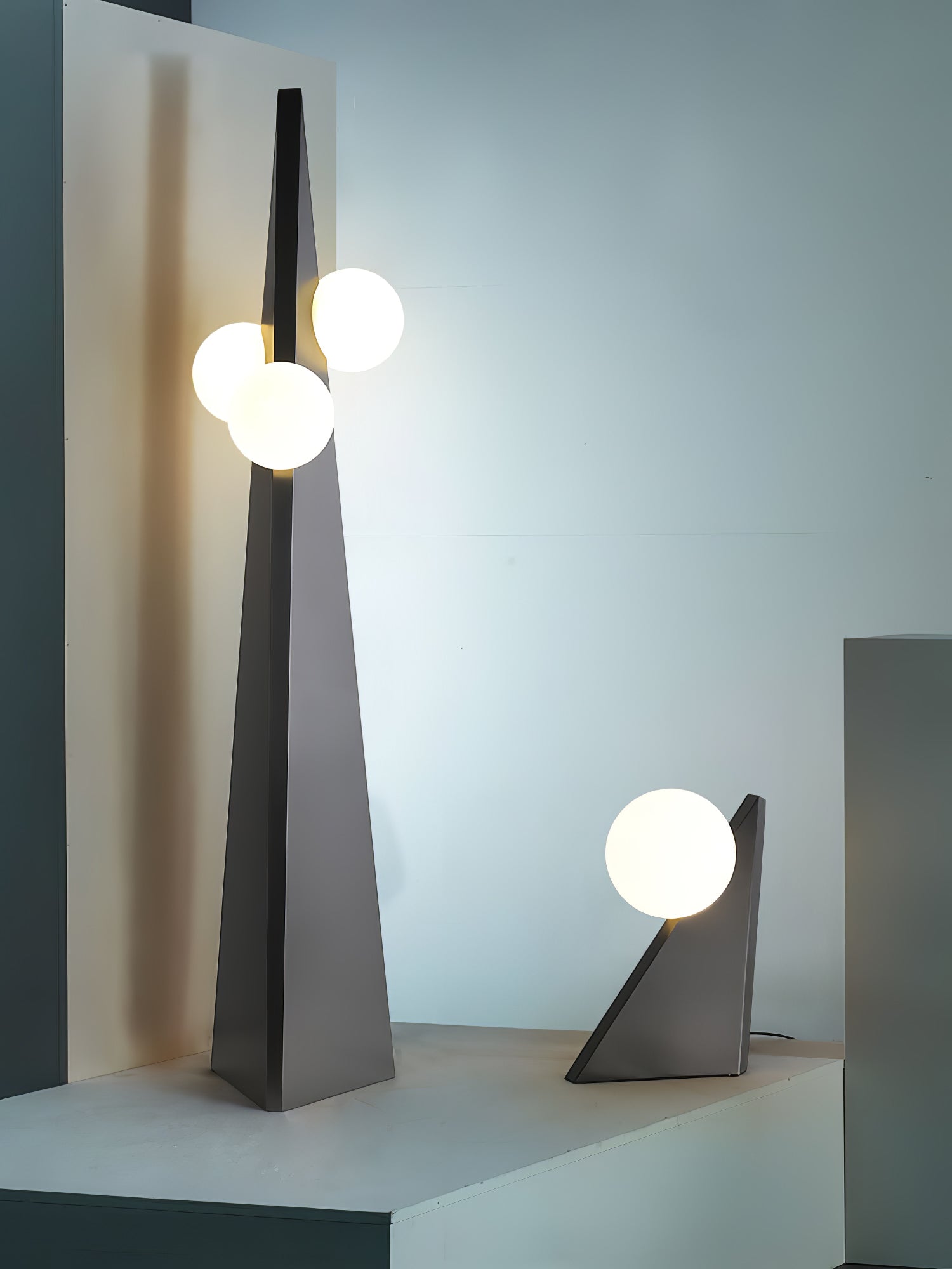 Geometric Stainless Steel Floor Lamp with Spherical Glass Shade in Black Finish
