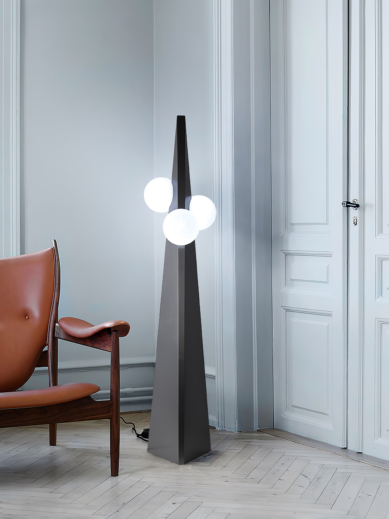 Geometric Stainless Steel Floor Lamp with Spherical Glass Shade in Black Finish