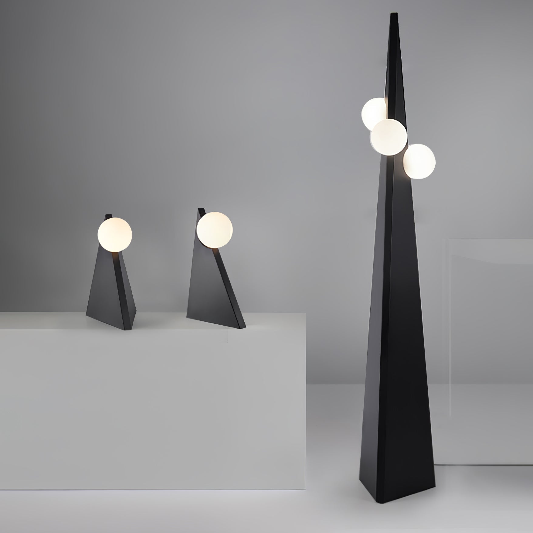 Geometric Stainless Steel Floor Lamp with Spherical Glass Shade in Black Finish