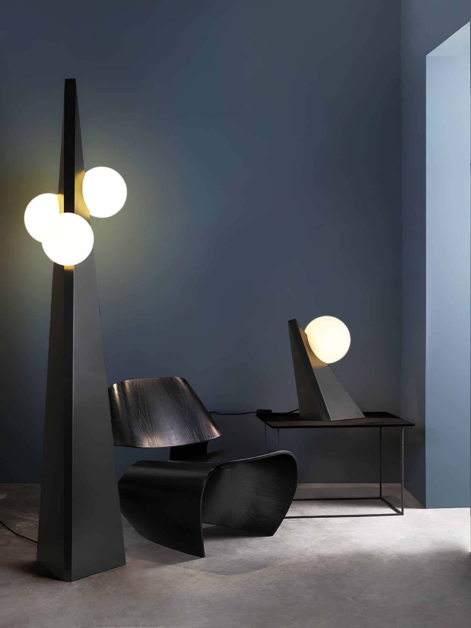 Geometric Stainless Steel Floor Lamp with Spherical Glass Shade in Black Finish