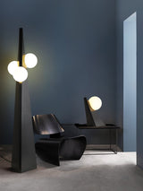 Geometric Stainless Steel Floor Lamp with Spherical Glass Shade in Black Finish