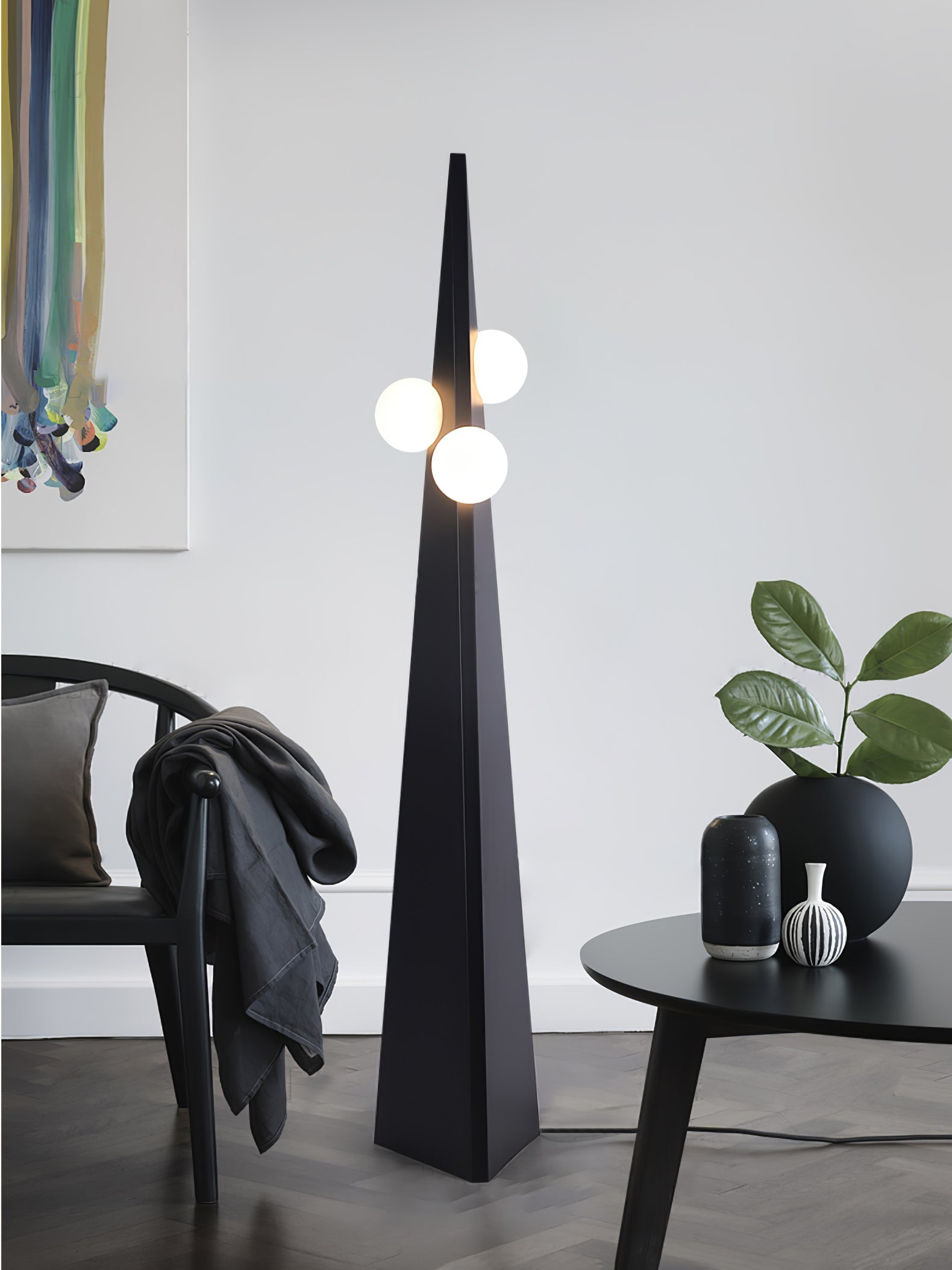 Geometric Stainless Steel Floor Lamp with Spherical Glass Shade in Black Finish