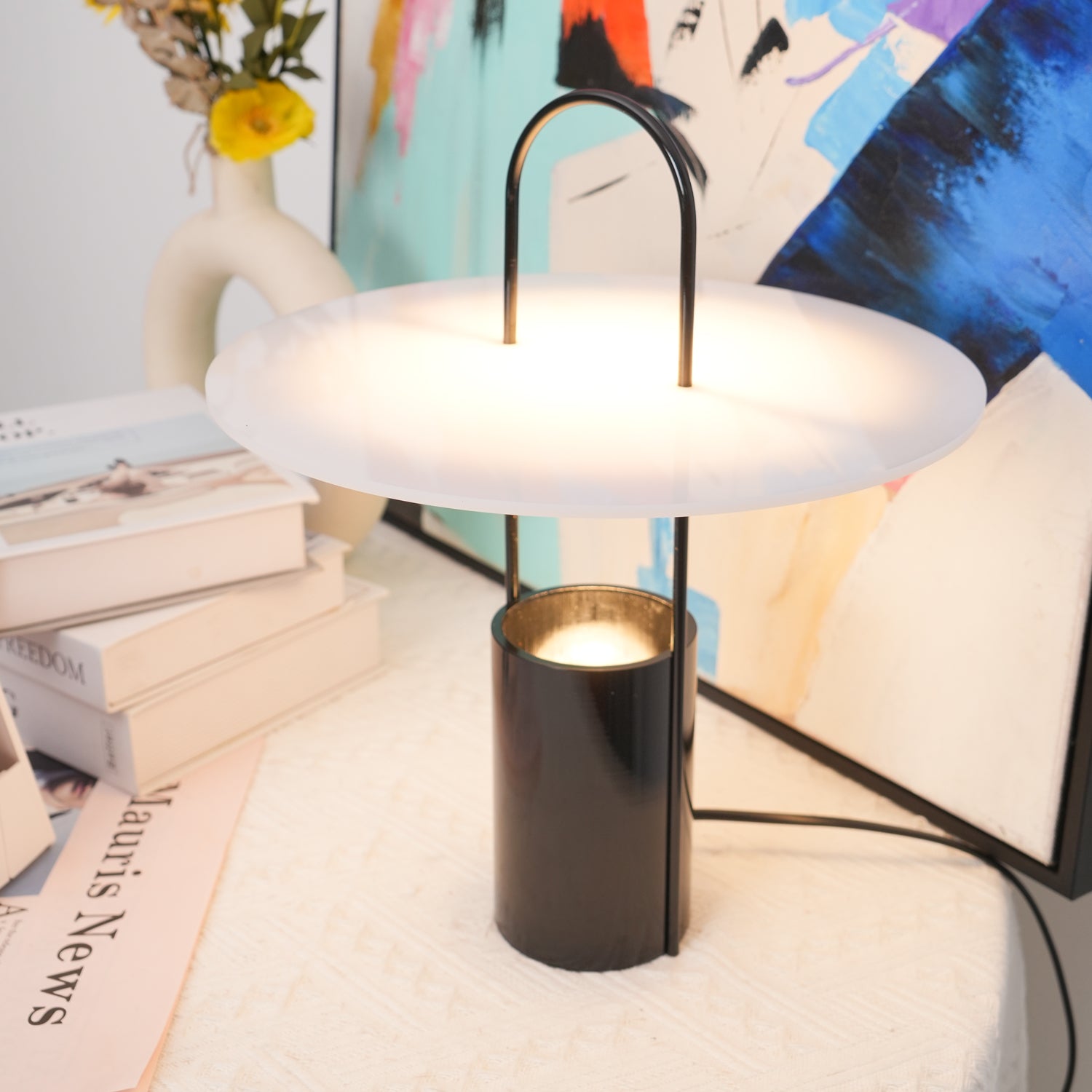 Nomade Modern Industrial Table Lamp with Carry Handle and Acrylic Diffuser for Bedside and Office