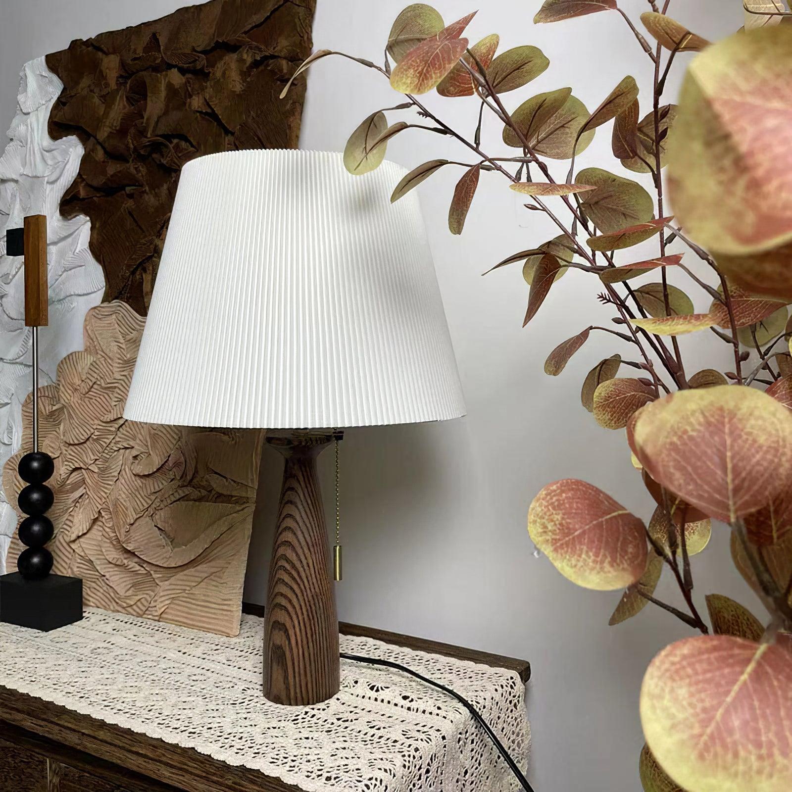 Nora Mid Century Modern Walnut Wood Table Lamp with Round White Fabric Drum Shade