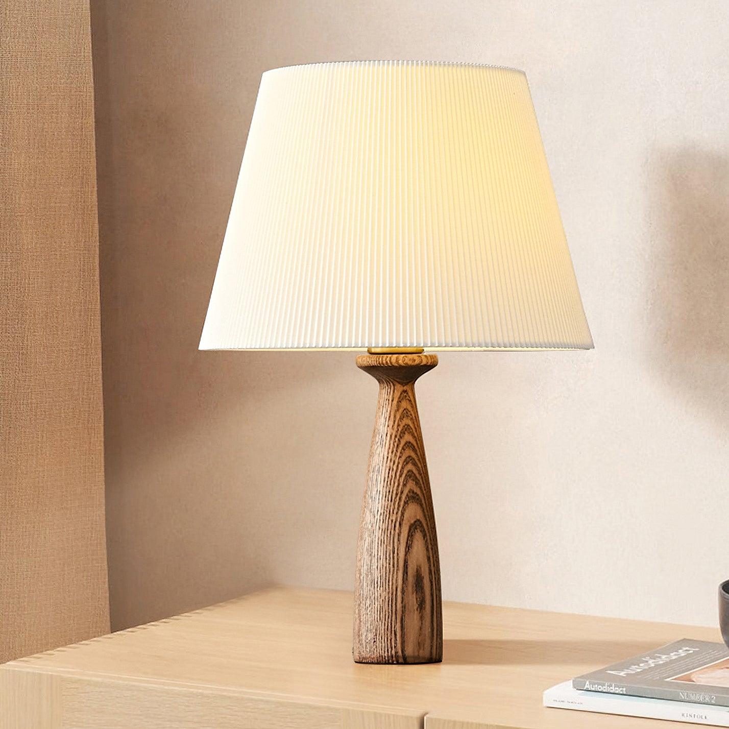 Nora Mid Century Modern Walnut Wood Table Lamp with Round White Fabric Drum Shade