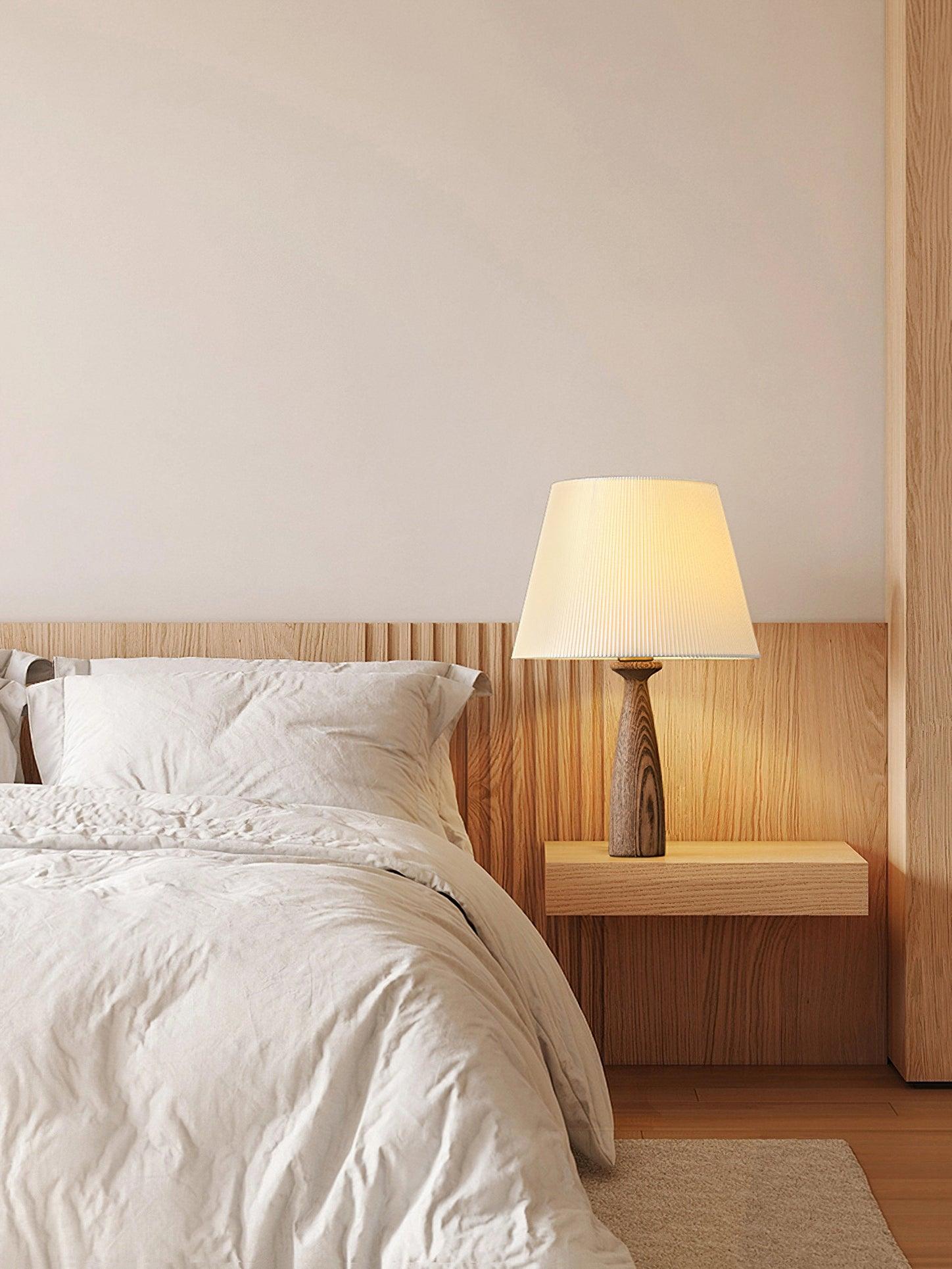 Nora Mid Century Modern Walnut Wood Table Lamp with Round White Fabric Drum Shade
