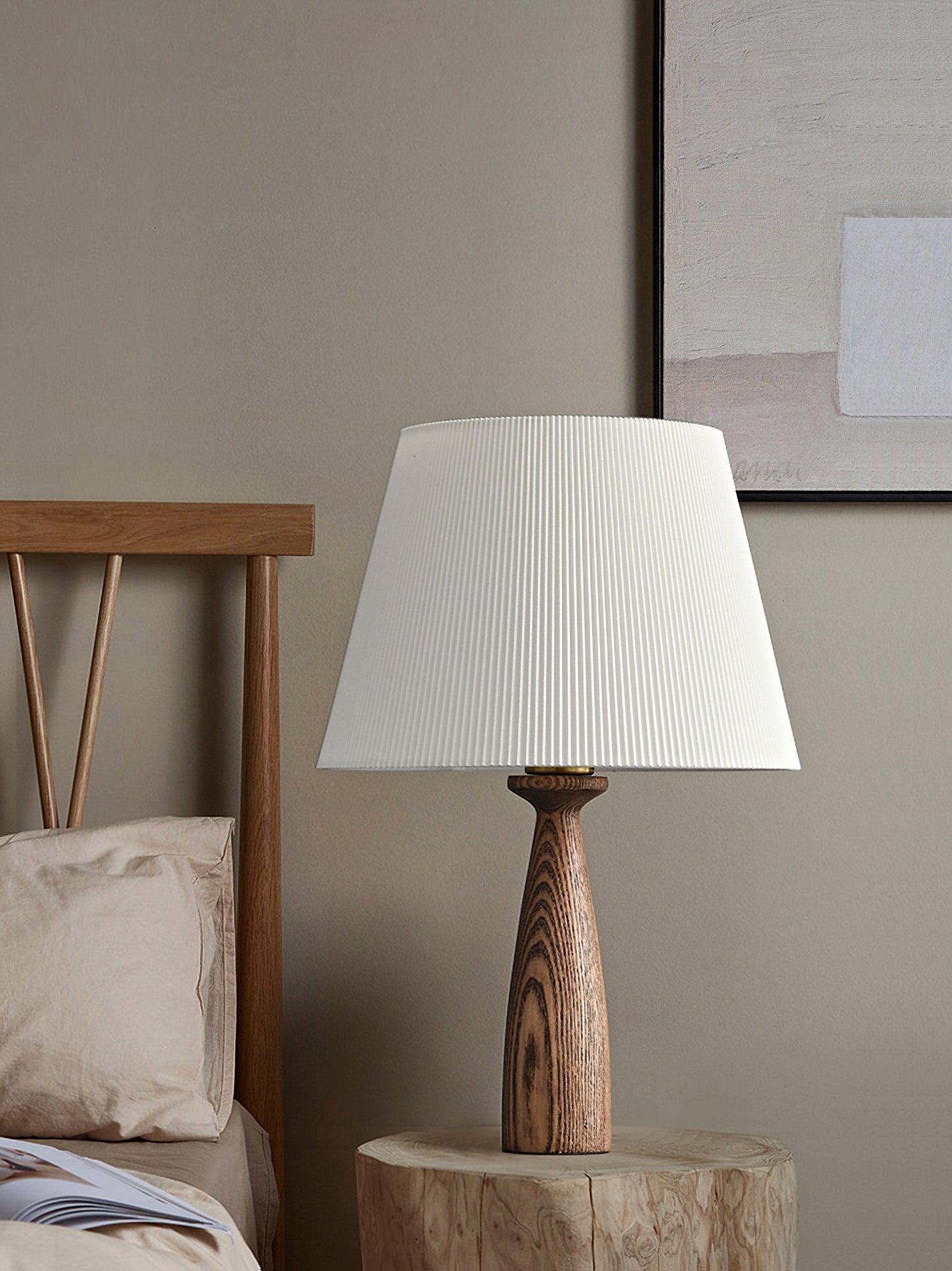 Nora Mid Century Modern Walnut Wood Table Lamp with Round White Fabric Drum Shade