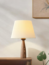 Nora Mid Century Modern Walnut Wood Table Lamp with Round White Fabric Drum Shade