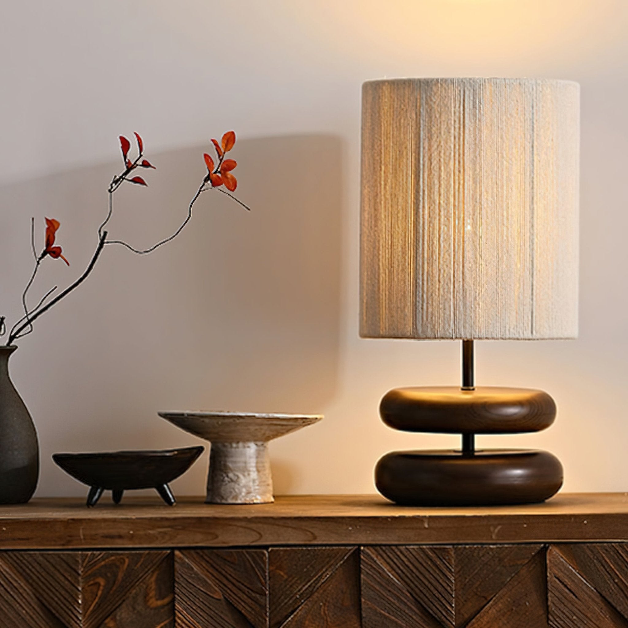 Wabi Sabi Natural Wood Table Lamp with Hand Woven Hemp Rope Shade for Bedroom Side Tables