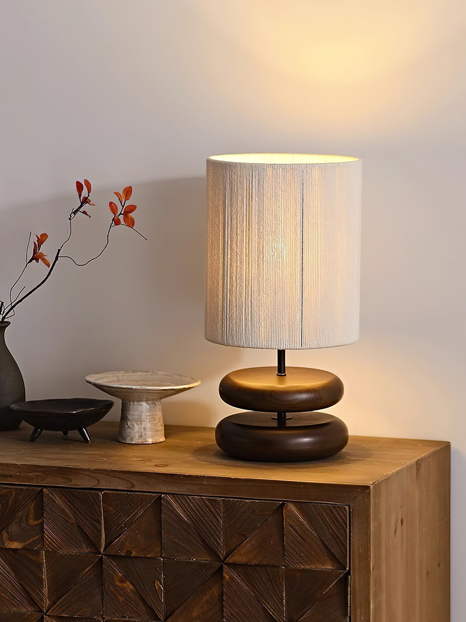Wabi Sabi Natural Wood Table Lamp with Hand Woven Hemp Rope Shade for Bedroom Side Tables