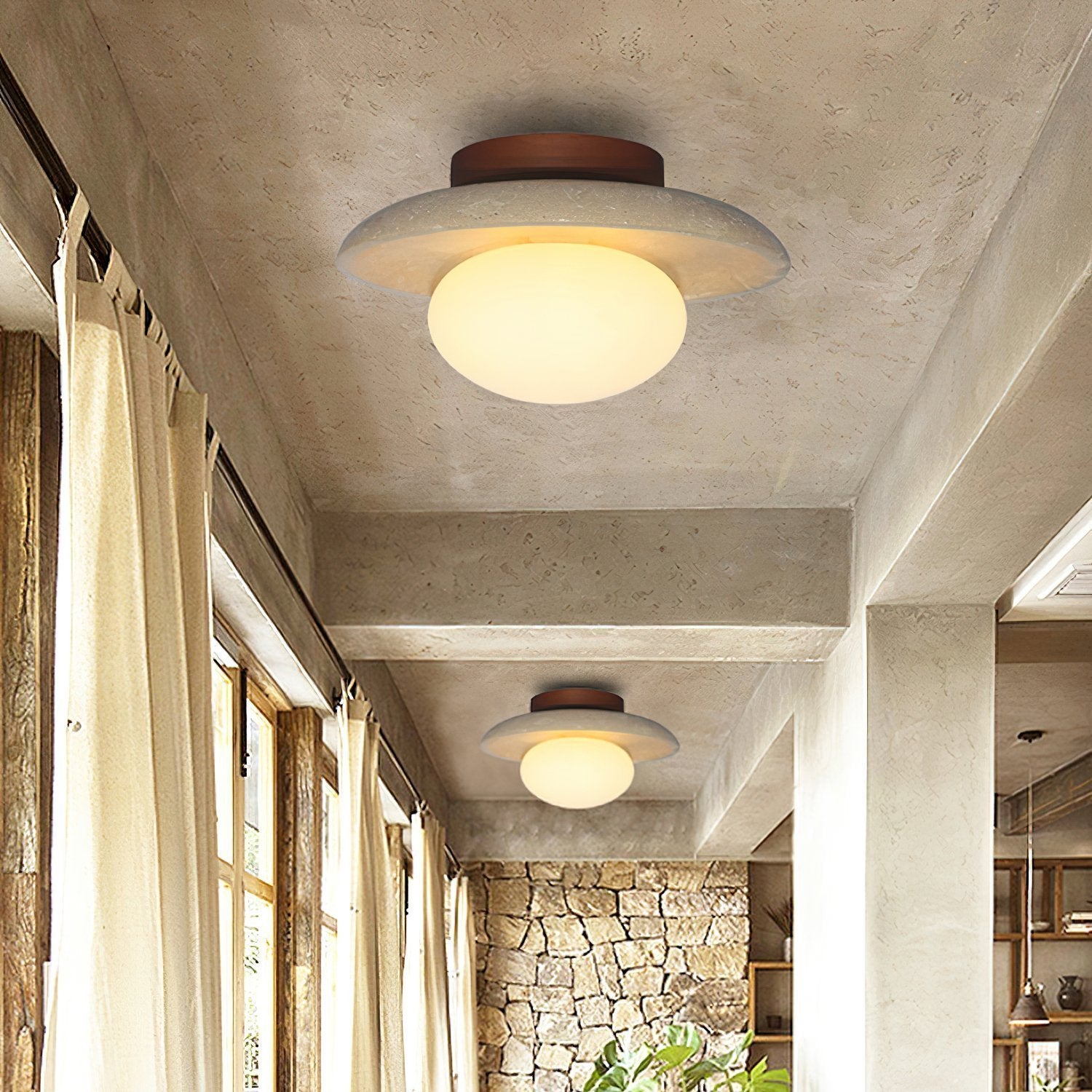 modern-yellow-travertine-and-walnut-wood-semi-flush-mount-ceiling-light-fixture