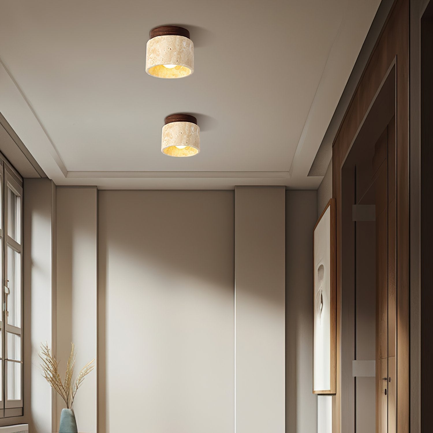 modern-yellow-travertine-and-walnut-wood-semi-flush-mount-ceiling-light-fixture