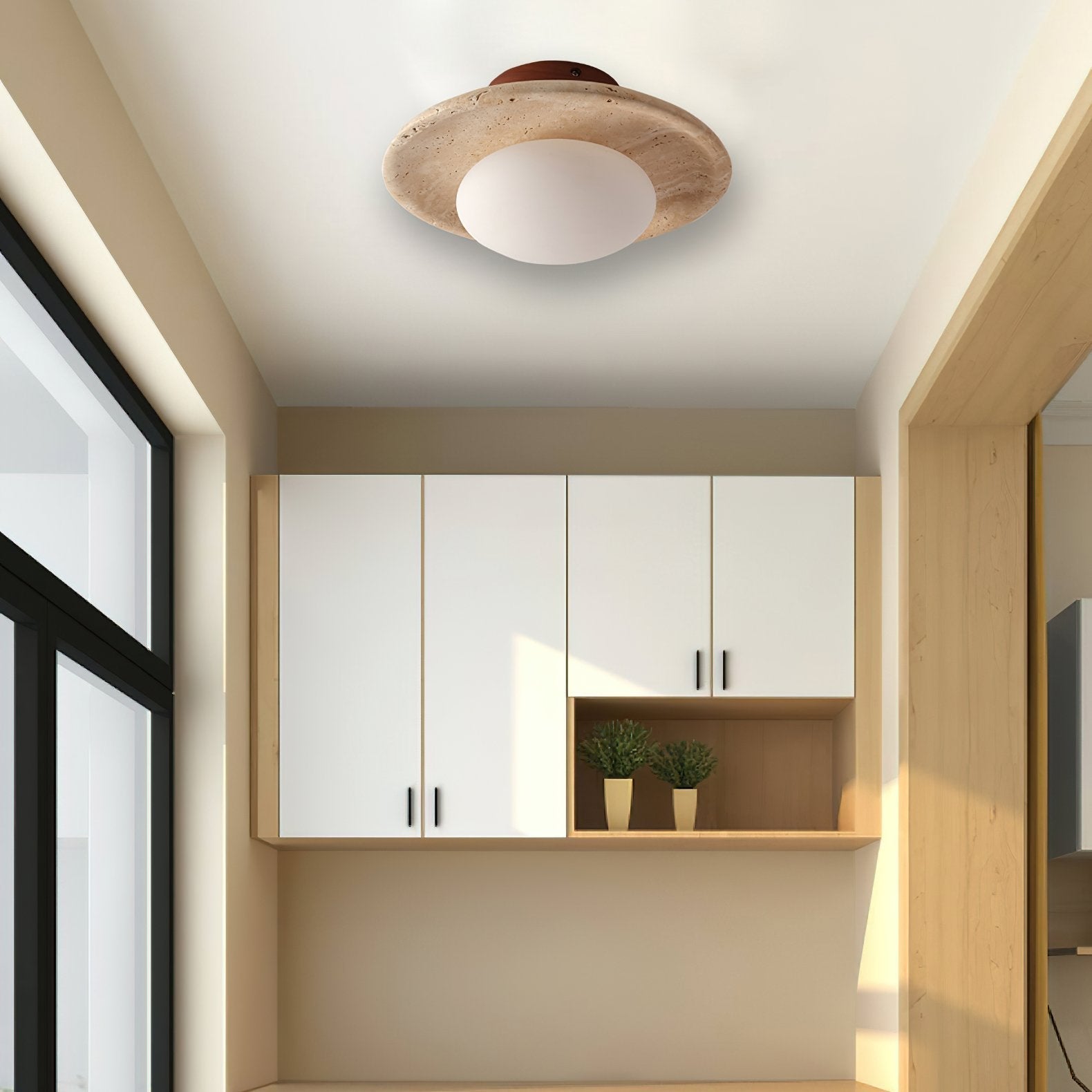 modern-yellow-travertine-and-walnut-wood-semi-flush-mount-ceiling-light-fixture