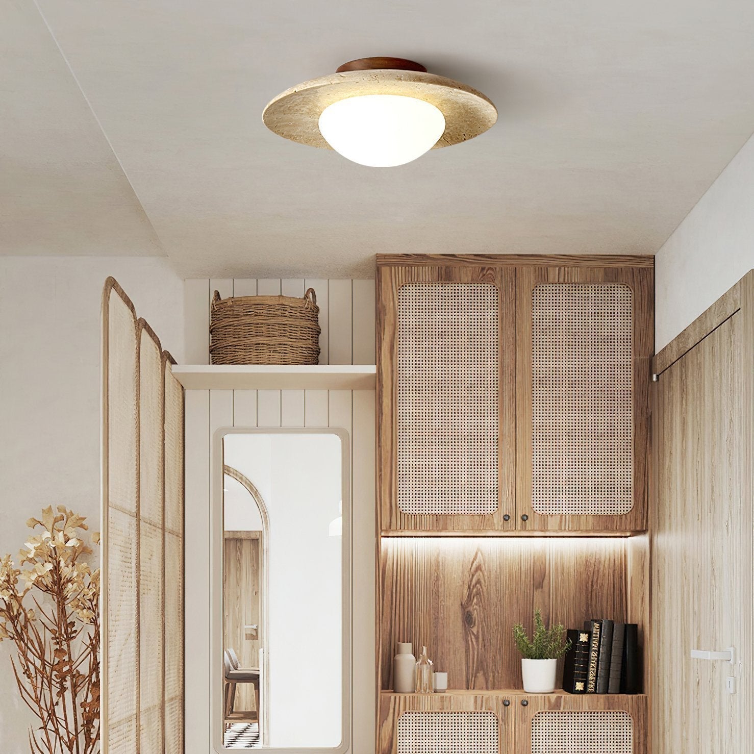 modern-yellow-travertine-and-walnut-wood-semi-flush-mount-ceiling-light-fixture