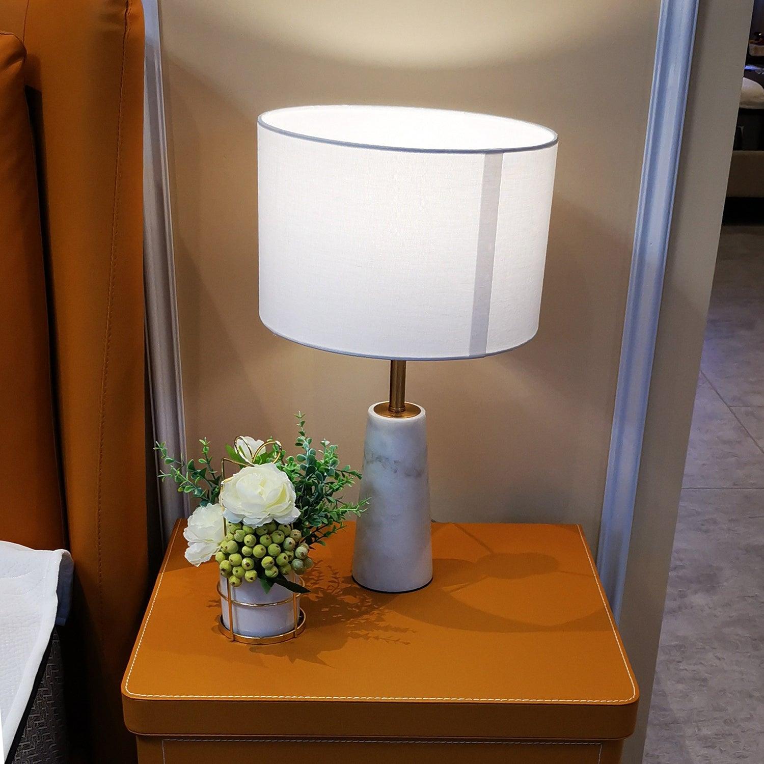 Elegant White Marble and Gold Metal Table Lamp with Fabric Drum Shade