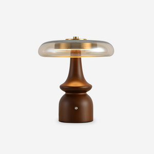 Nova Modern Mushroom Glass Table Lamp Walnut Wood Base Integrated LED Lighting for Bedside Desk