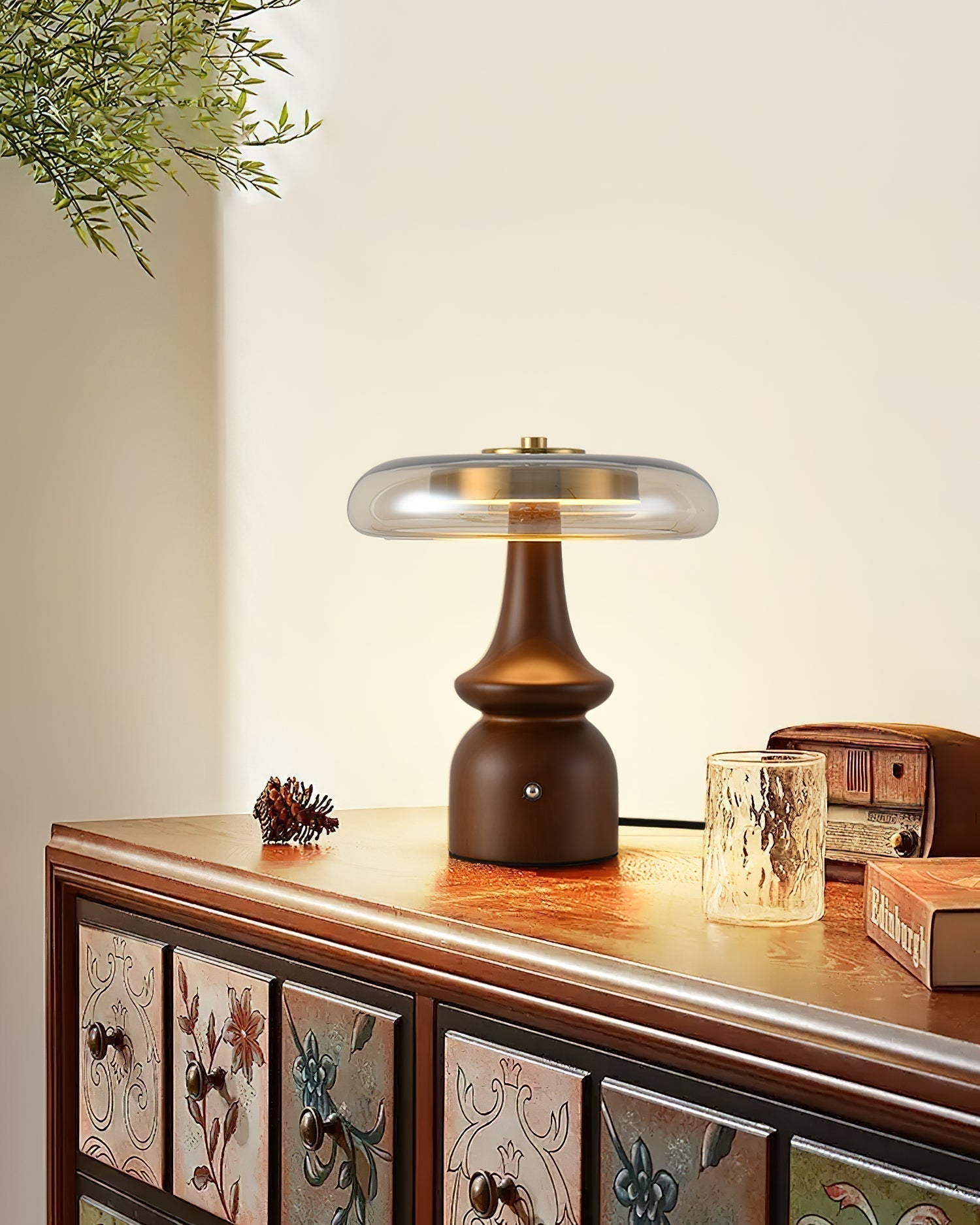 Nova Modern Mushroom Glass Table Lamp Walnut Wood Base Integrated LED Lighting for Bedside Desk