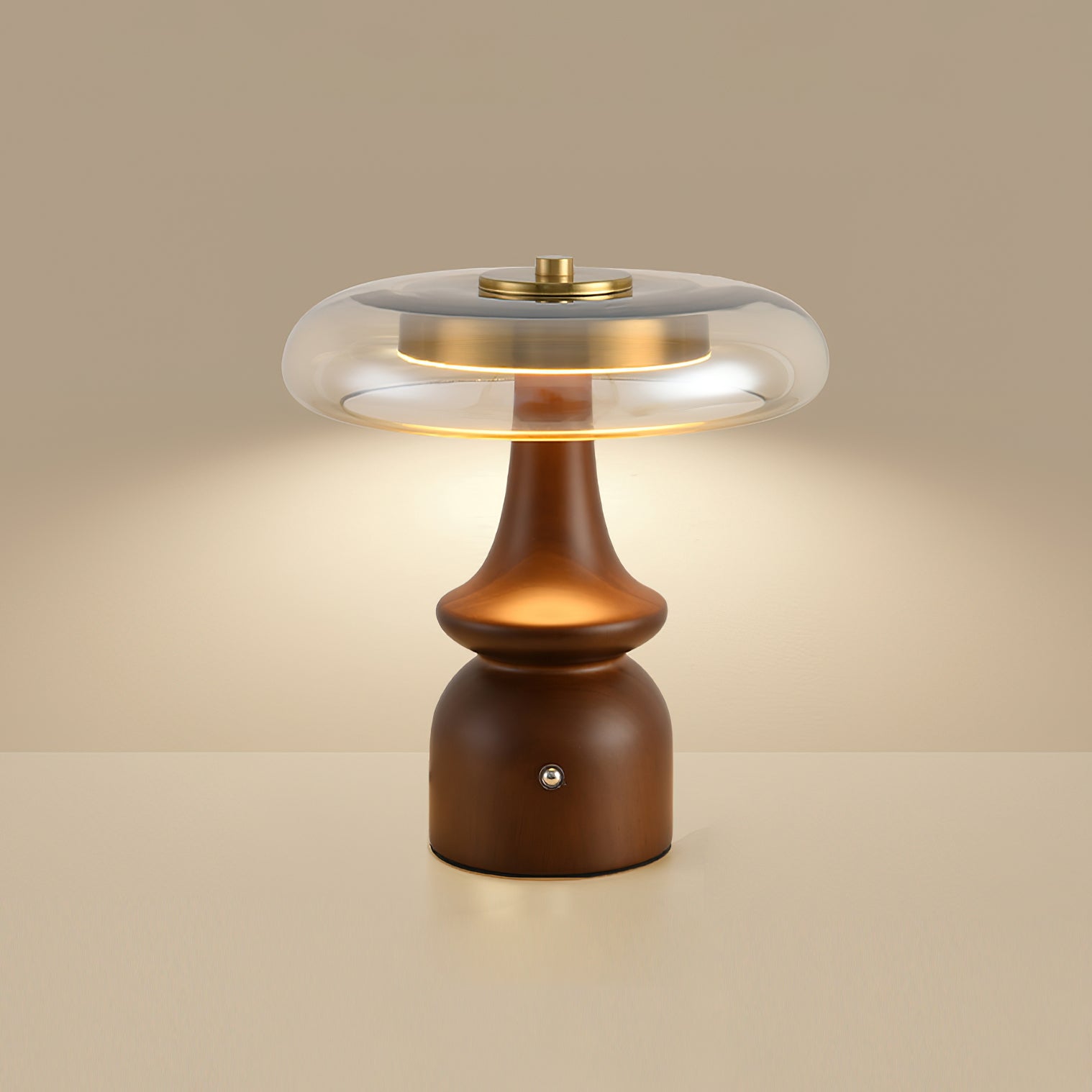 Nova Modern Mushroom Glass Table Lamp Walnut Wood Base Integrated LED Lighting for Bedside Desk