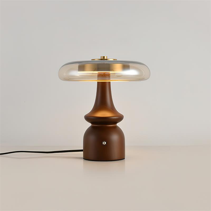 Nova Modern Mushroom Glass Table Lamp Walnut Wood Base Integrated LED Lighting for Bedside Desk