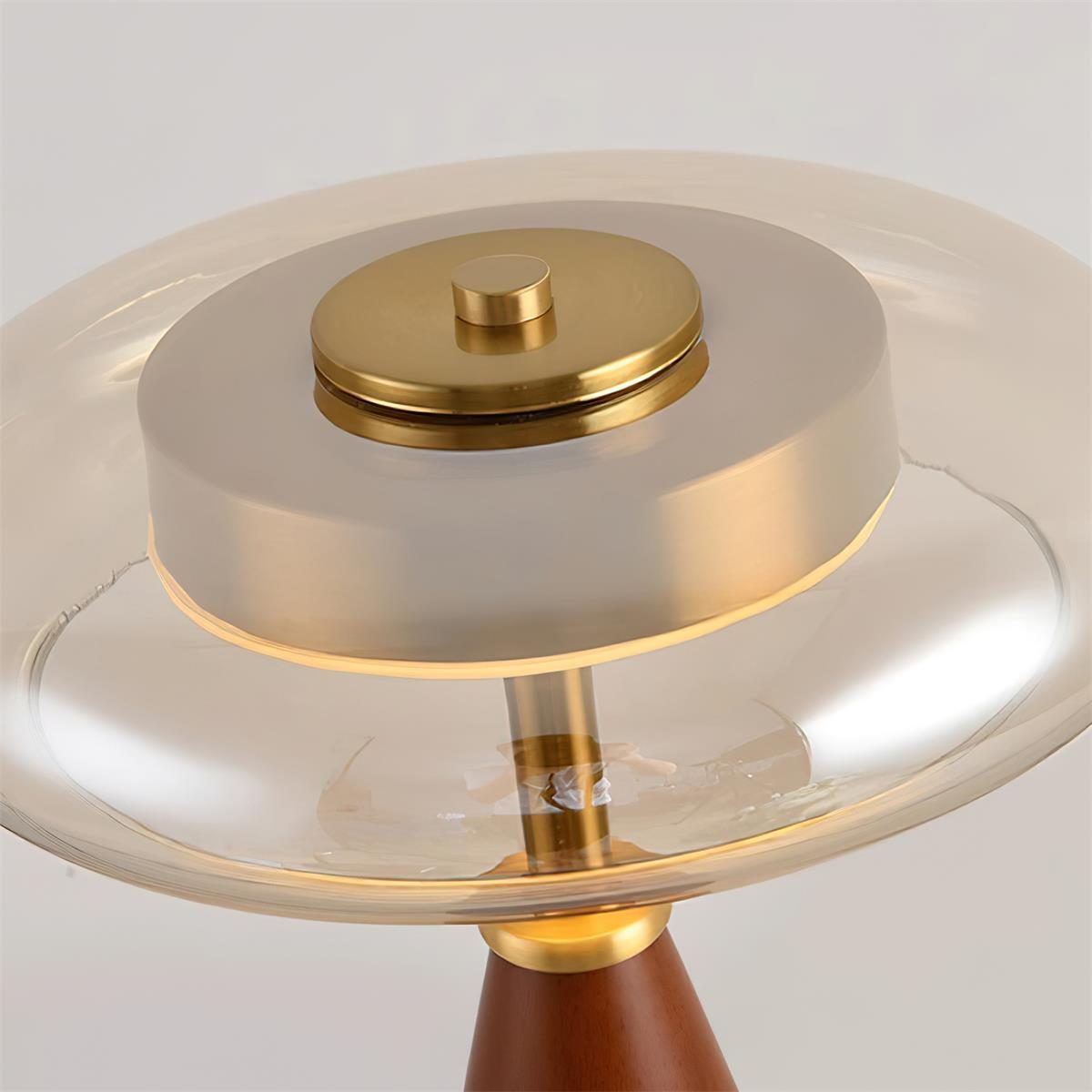 Nova Modern Mushroom Glass Table Lamp Walnut Wood Base Integrated LED Lighting for Bedside Desk