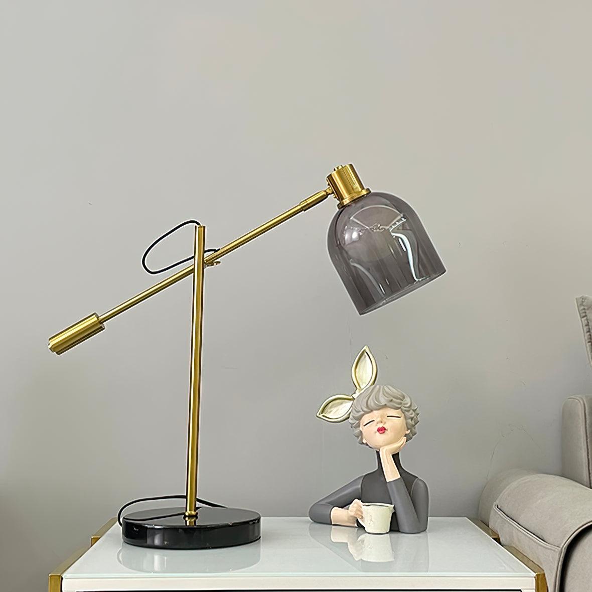 Modern Adjustable Table Lamp with Black Marble Base and Dual Smoked Glass Shade for Interior Lighting