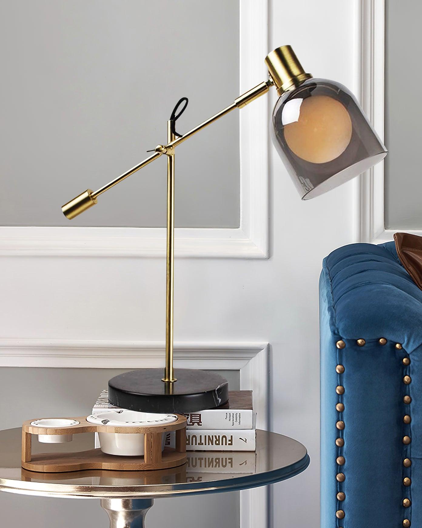 Modern Adjustable Table Lamp with Black Marble Base and Dual Smoked Glass Shade for Interior Lighting